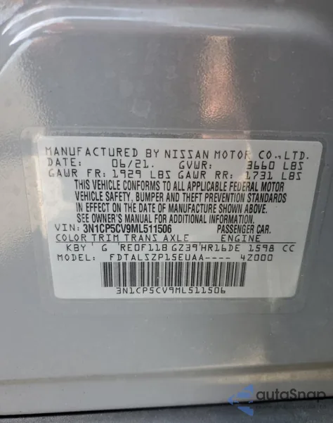 2021 Nissan Kicks Sv z USA, uszkodzony, nr VIN 3N1CP5CV9ML511506